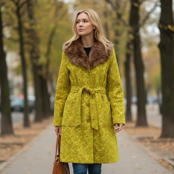 Y2K Merona Brocade Jacquard Damask Gold Coat Faux Fur Collar Penny Lane Tapestry - Picture 1 of 10
